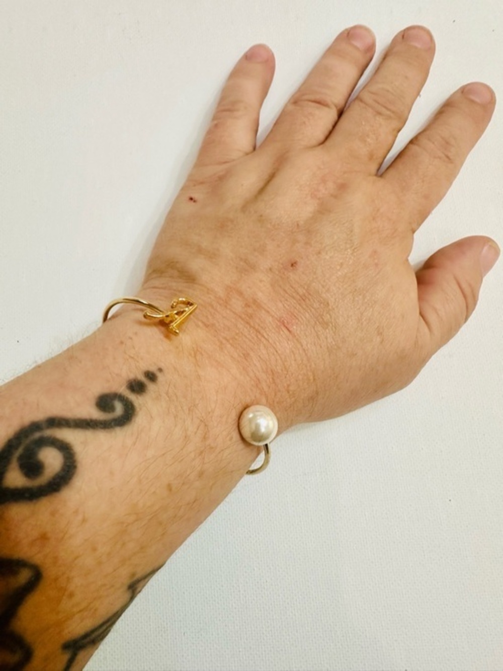 Gold Tone Initial A Pearl Open Cuff Bracelet